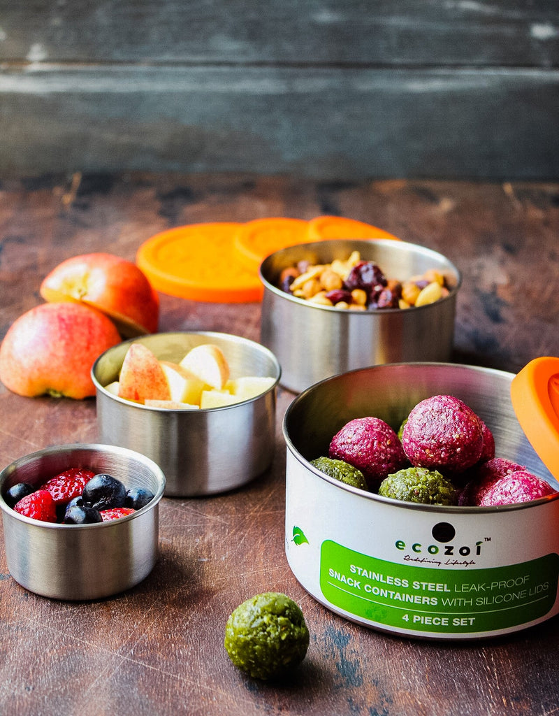 Eco-Friendly 4-Piece Stainless Steel Lunch Box Set with Cotton Travel Bag – 74 oz by ecozoi