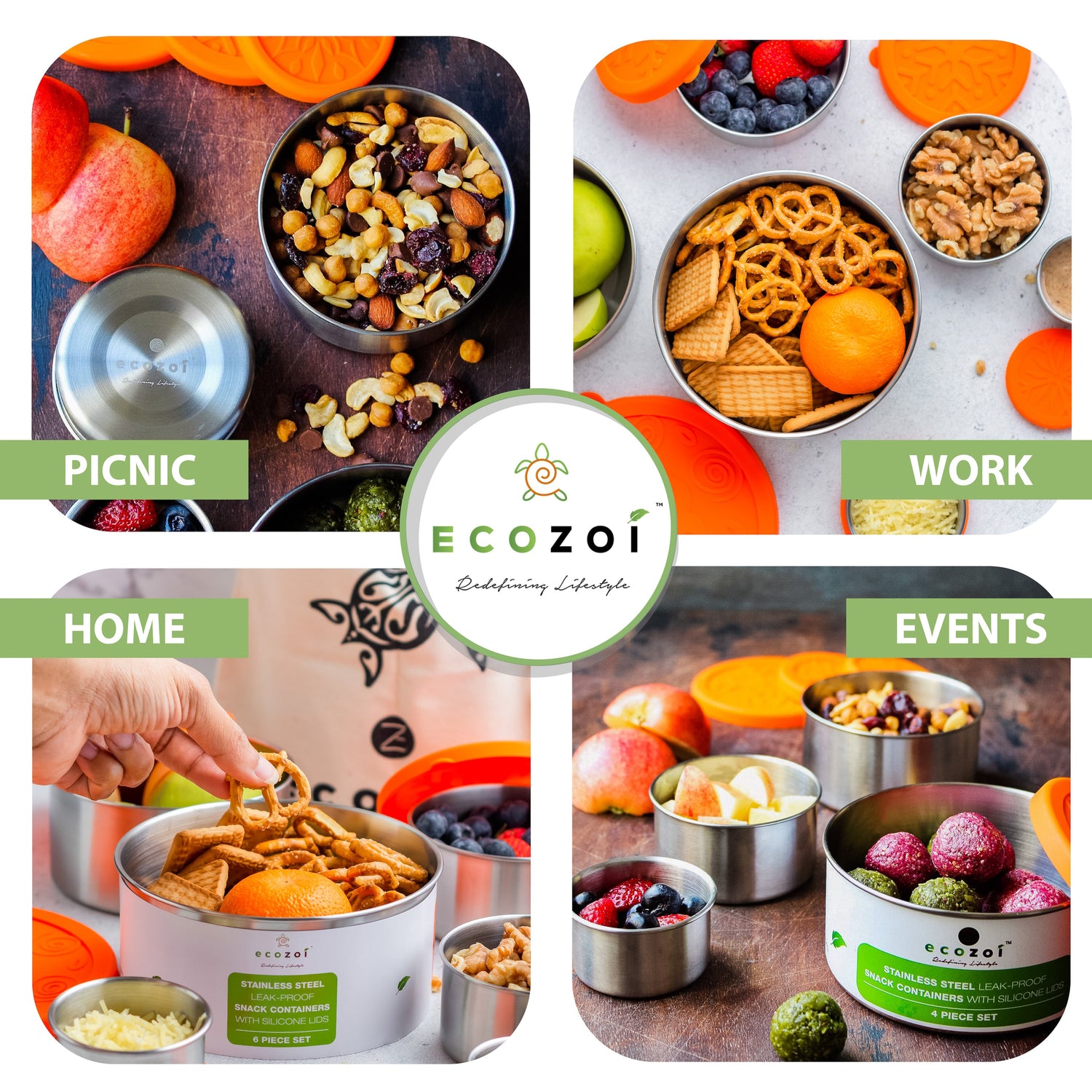 Eco-Friendly 4-Piece Stainless Steel Lunch Box Set with Cotton Travel Bag – 74 oz by ecozoi