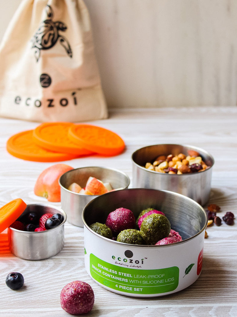 Eco-Friendly 4-Piece Stainless Steel Lunch Box Set with Cotton Travel Bag – 74 oz by ecozoi