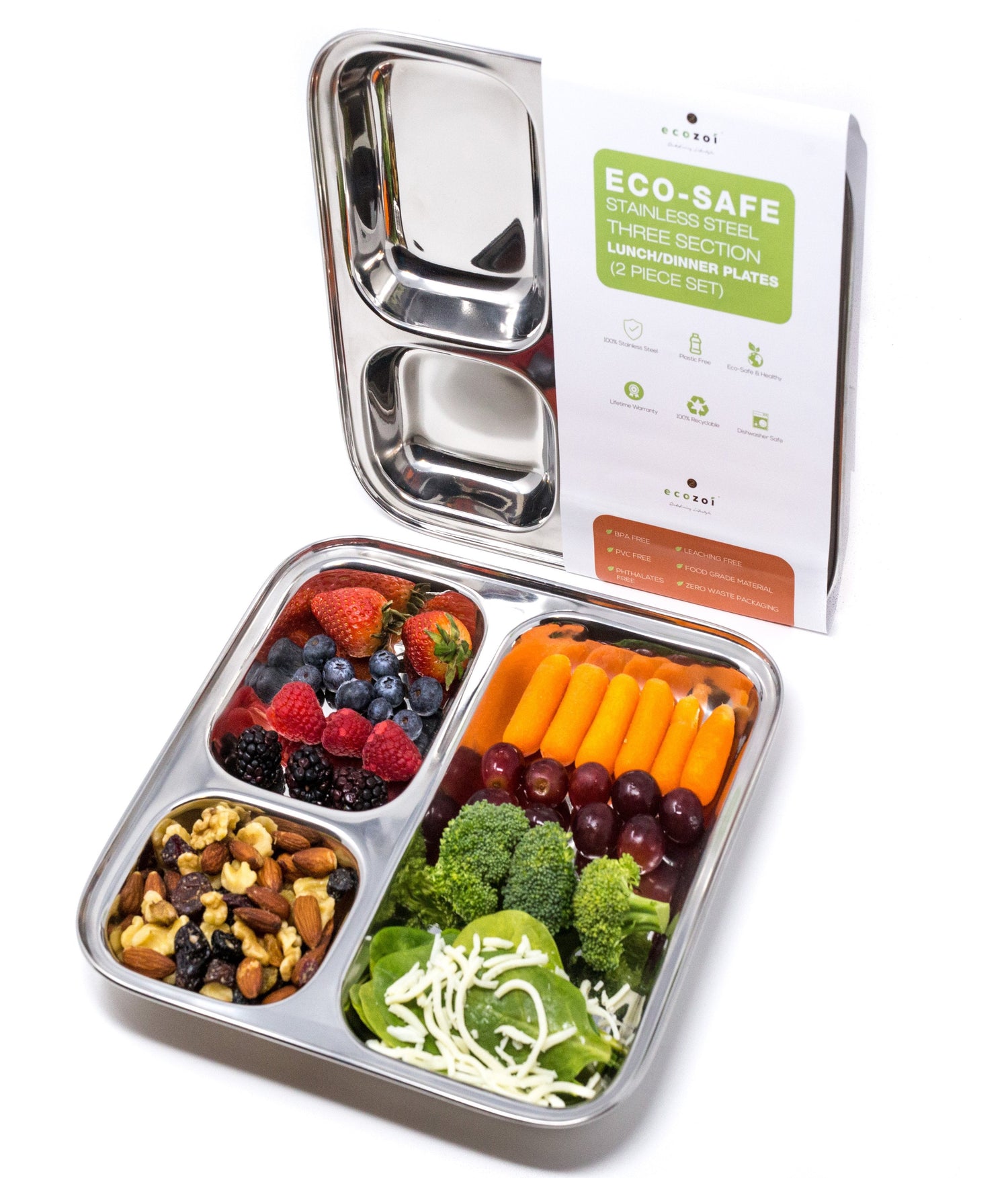 Ecozoi Stainless Steel Portion Control Dinner Plates with Dividers - 3 Compartments, 2 Pack freeshipping - ecozoi
