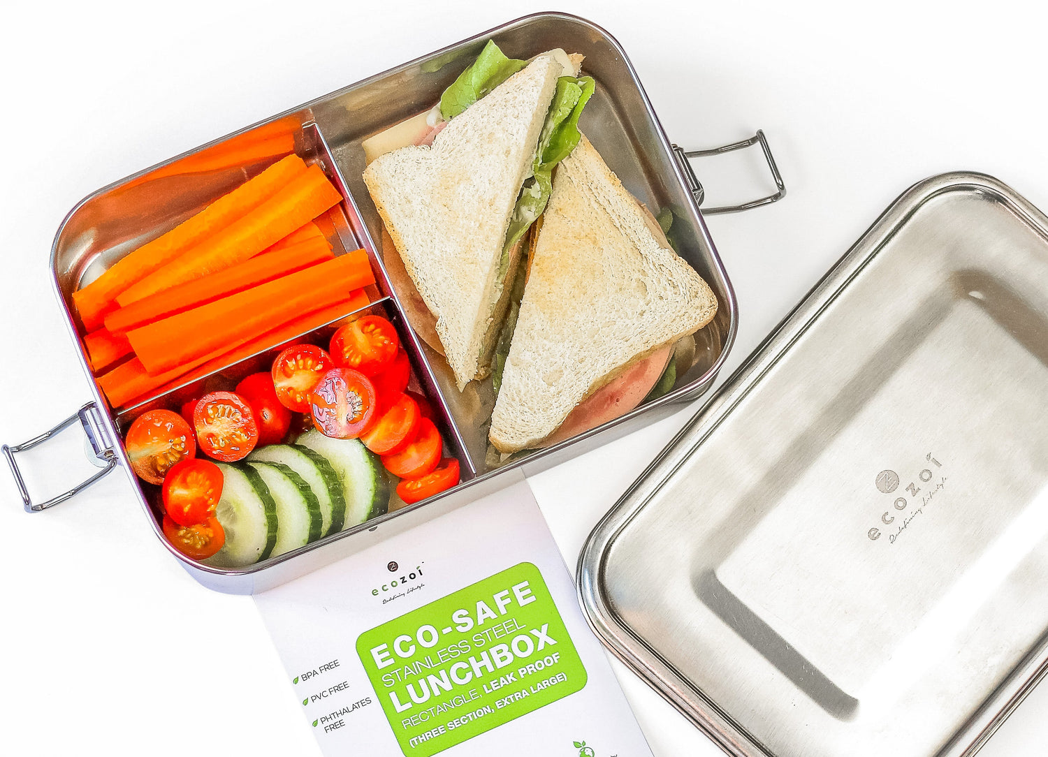 Stainless Steel Eco Lunch Box, Leak Proof, 3 Compartment Large, 50 Oz or 1500 ml freeshipping - ecozoi