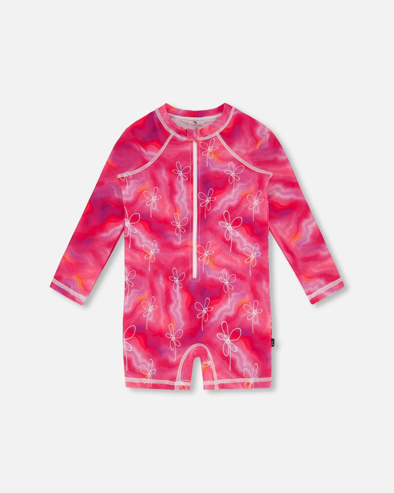 Long Sleeve One Piece Rashguard Fuchsia Tie Dye Printed Flowers - F30NG42_046