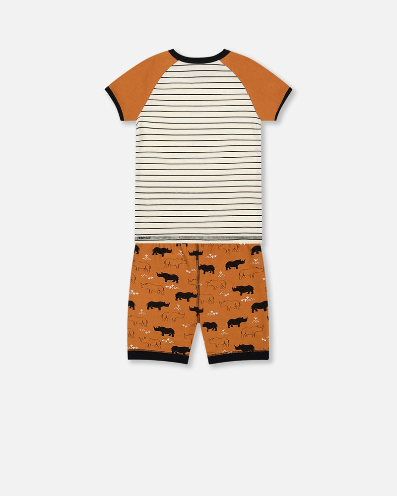 Organic Cotton Two Piece Short Pajama Set Caramel Printed Rhinoceros - F30PB10_059