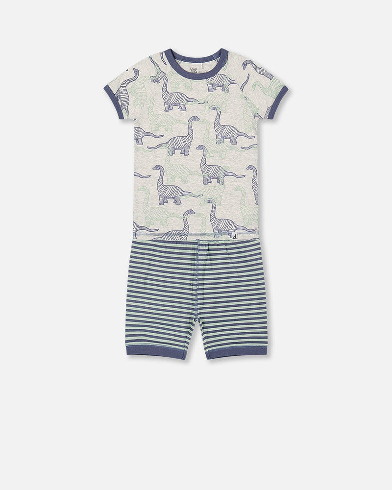 Organic Cotton Two Piece Short Pajama Set Heather Beige Printed Dinosaurs - F30PB11_060