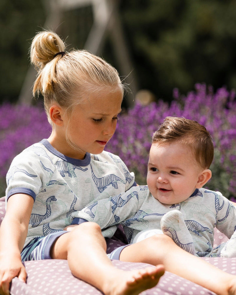 Organic Cotton Two Piece Short Pajama Set Heather Beige Printed Dinosaurs - F30PB11_060