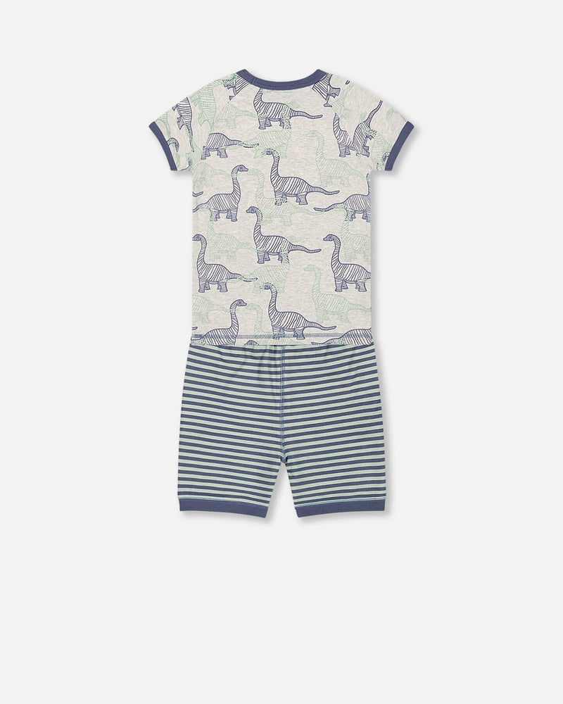Organic Cotton Two Piece Short Pajama Set Heather Beige Printed Dinosaurs - F30PB11_060
