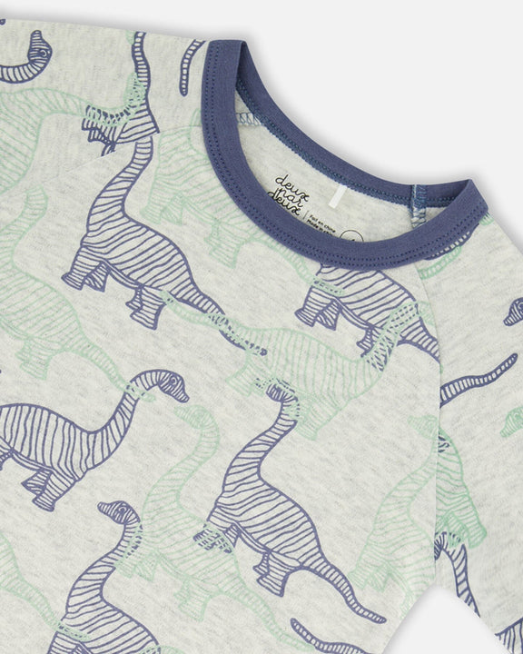 Organic Cotton Two Piece Short Pajama Set Heather Beige Printed Dinosaurs - F30PB11_060