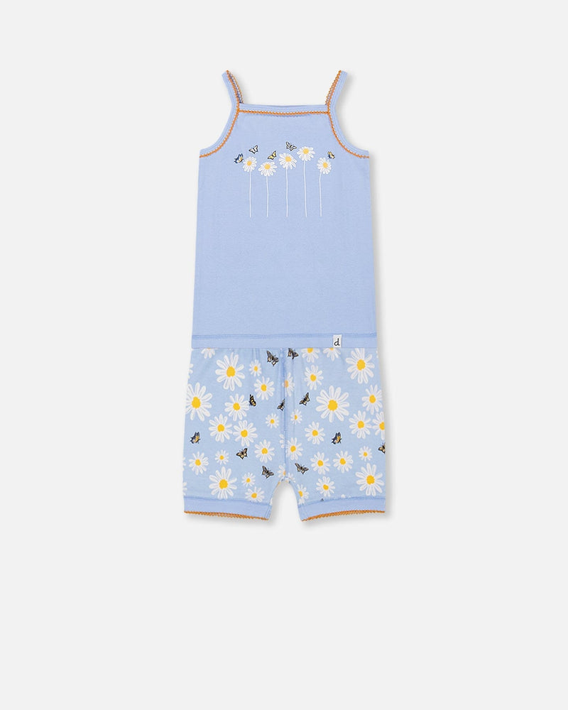 Organic Cotton Two Piece Pajama Set Baby Blue Printed Daisies - F30PG10US_064