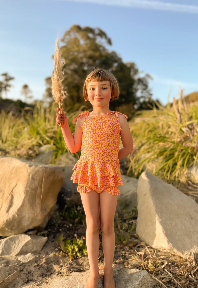 retro pink and yellow flower power two piece girls swimsuit