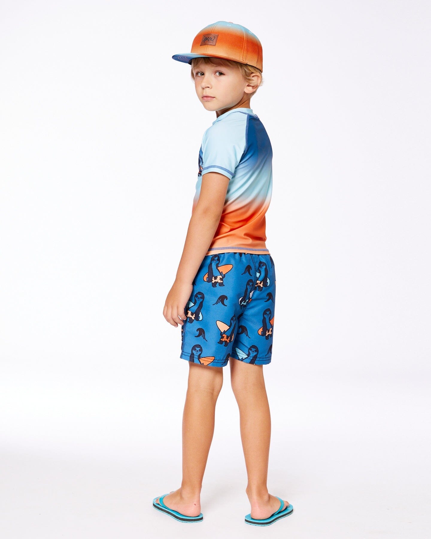 Printed Swim Trunks Orange Sloths On Navy Blue - G30NB11_038