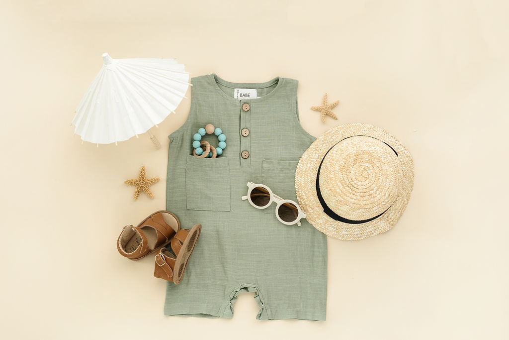 Green Crop Linen Romper – Soft, Non-Toxic Comfort for 6–24M by Babe Basics
