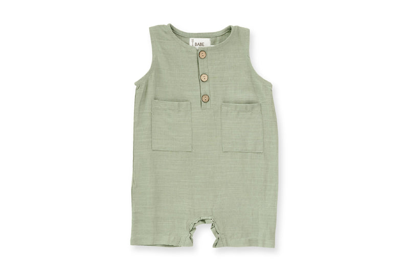 Green Crop Linen Romper – Soft, Non-Toxic Comfort for 6–24M by Babe Basics