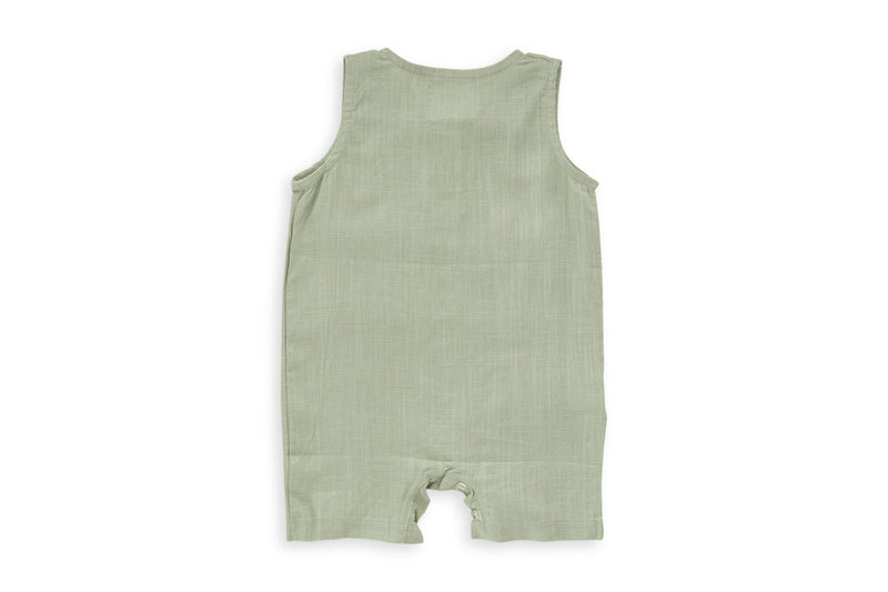 Green Crop Linen Romper – Soft, Non-Toxic Comfort for 6–24M by Babe Basics