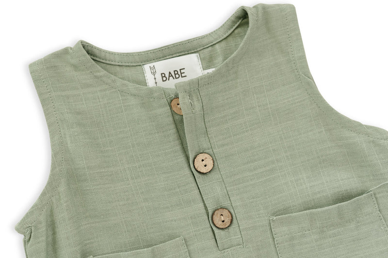 Green Crop Linen Romper – Soft, Non-Toxic Comfort for 6–24M by Babe Basics