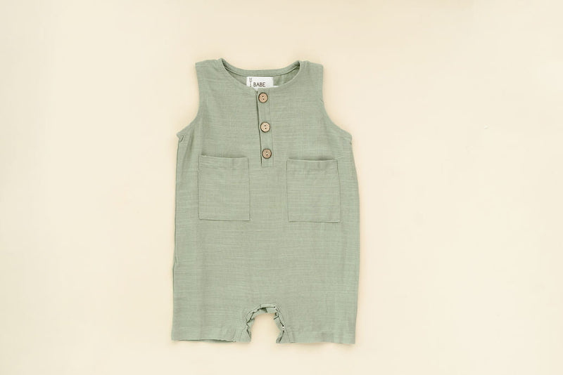 Green Crop Linen Romper – Soft, Non-Toxic Comfort for 6–24M by Babe Basics