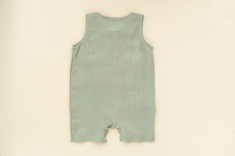 Green Crop Linen Romper – Soft, Non-Toxic Comfort for 6–24M by Babe Basics