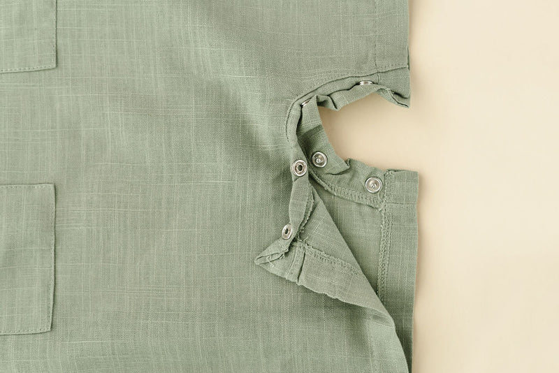 Green Crop Linen Romper – Soft, Non-Toxic Comfort for 6–24M by Babe Basics