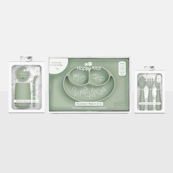 ezpz Happy Feeding Set in Sage / Silicone, Self-Suctioning Plate, Silicone Cup and Straw, Training Utensils for Toddlers #color_sage