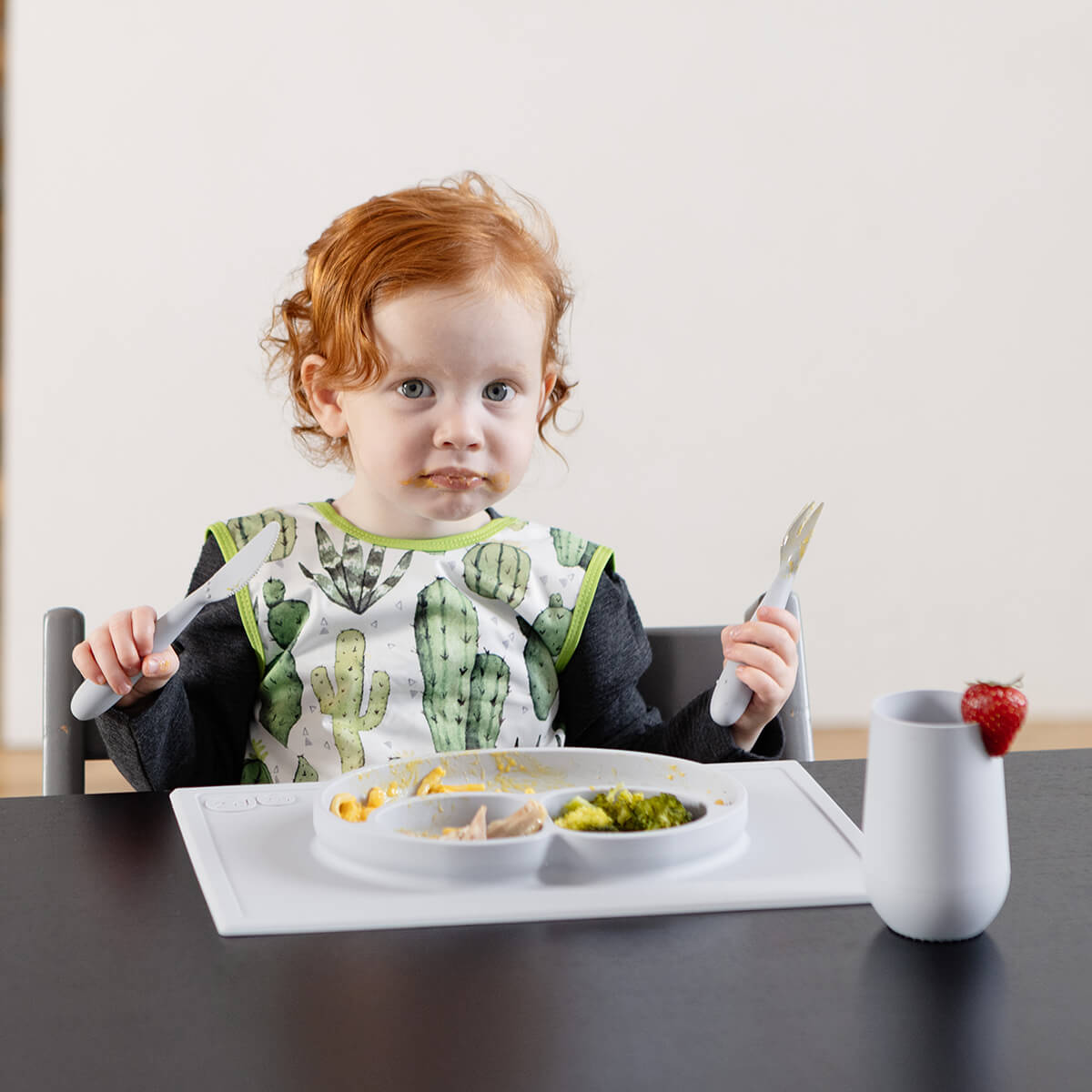 ezpz Happy Feeding Set in Pewter / Silicone, Self-Suctioning Plate, Silicone Cup and Straw, Training Utensils for Toddlers #color_pewter