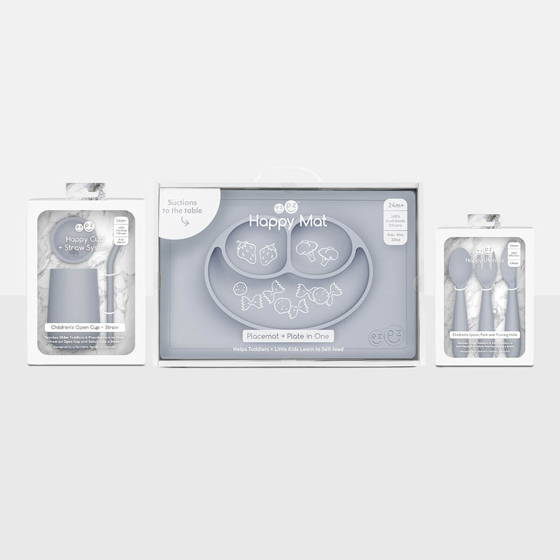 ezpz Happy Feeding Set in Pewter / Silicone, Self-Suctioning Plate, Silicone Cup and Straw, Training Utensils for Toddlers #color_pewter