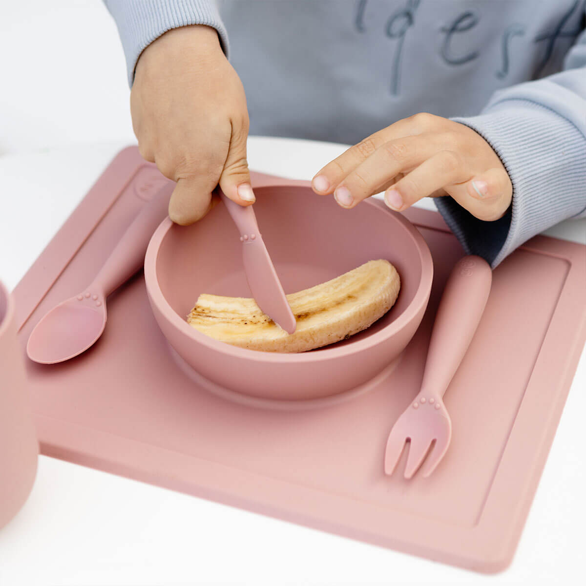 Happy Utensils in Blush by ezpz / Silicone Spoon, Fork and Knife Set for Kids #color_blush