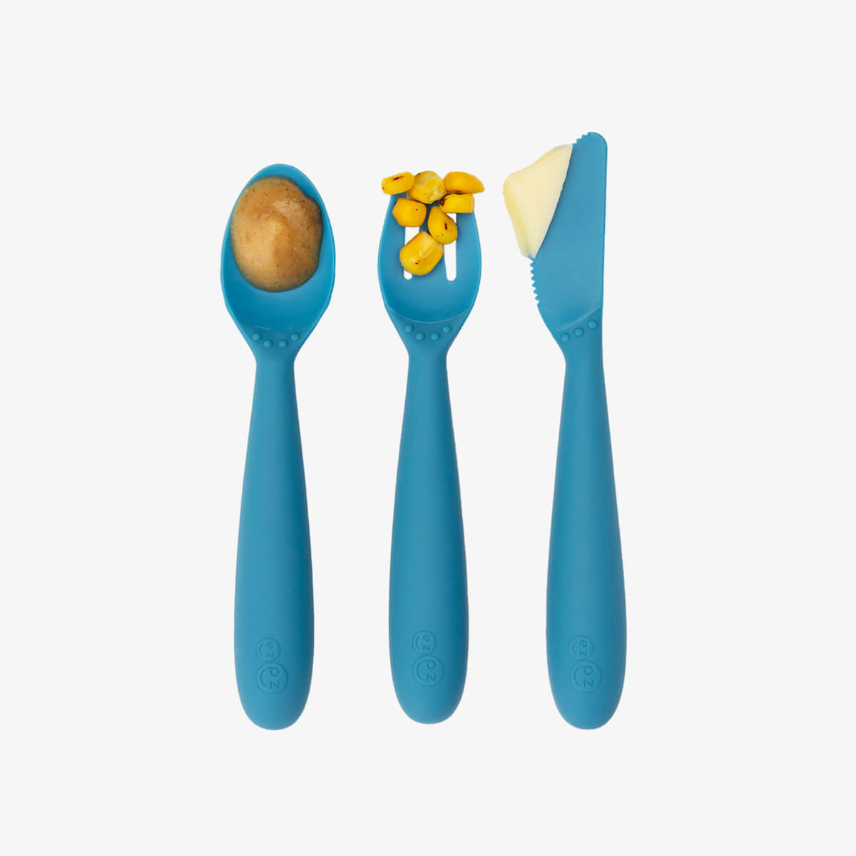 Happy Utensils in Blue by ezpz / Silicone Spoon, Fork and Knife Set for Kids #color_blue