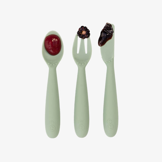 Happy Utensils in Sage by ezpz / Silicone Spoon, Fork and Knife Set for Kids #color_sage