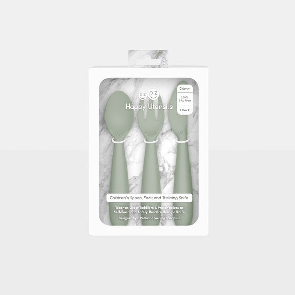 Happy Utensils in Sage by ezpz / Silicone Spoon, Fork and Knife Set for Kids #color_sage