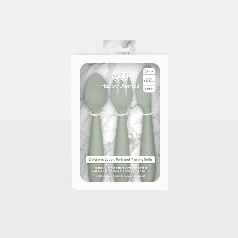 Happy Utensils in Sage by ezpz / Silicone Spoon, Fork and Knife Set for Kids #color_sage