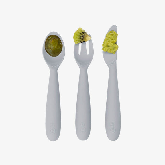 Happy Utensils in Pewter by ezpz / Silicone Spoon, Fork and Knife Set for Kids #color_pewter