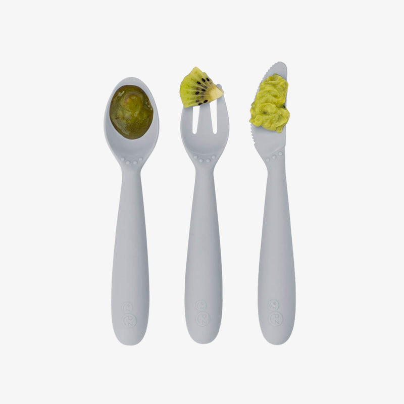 Happy Utensils in Pewter by ezpz / Silicone Spoon, Fork and Knife Set for Kids #color_pewter