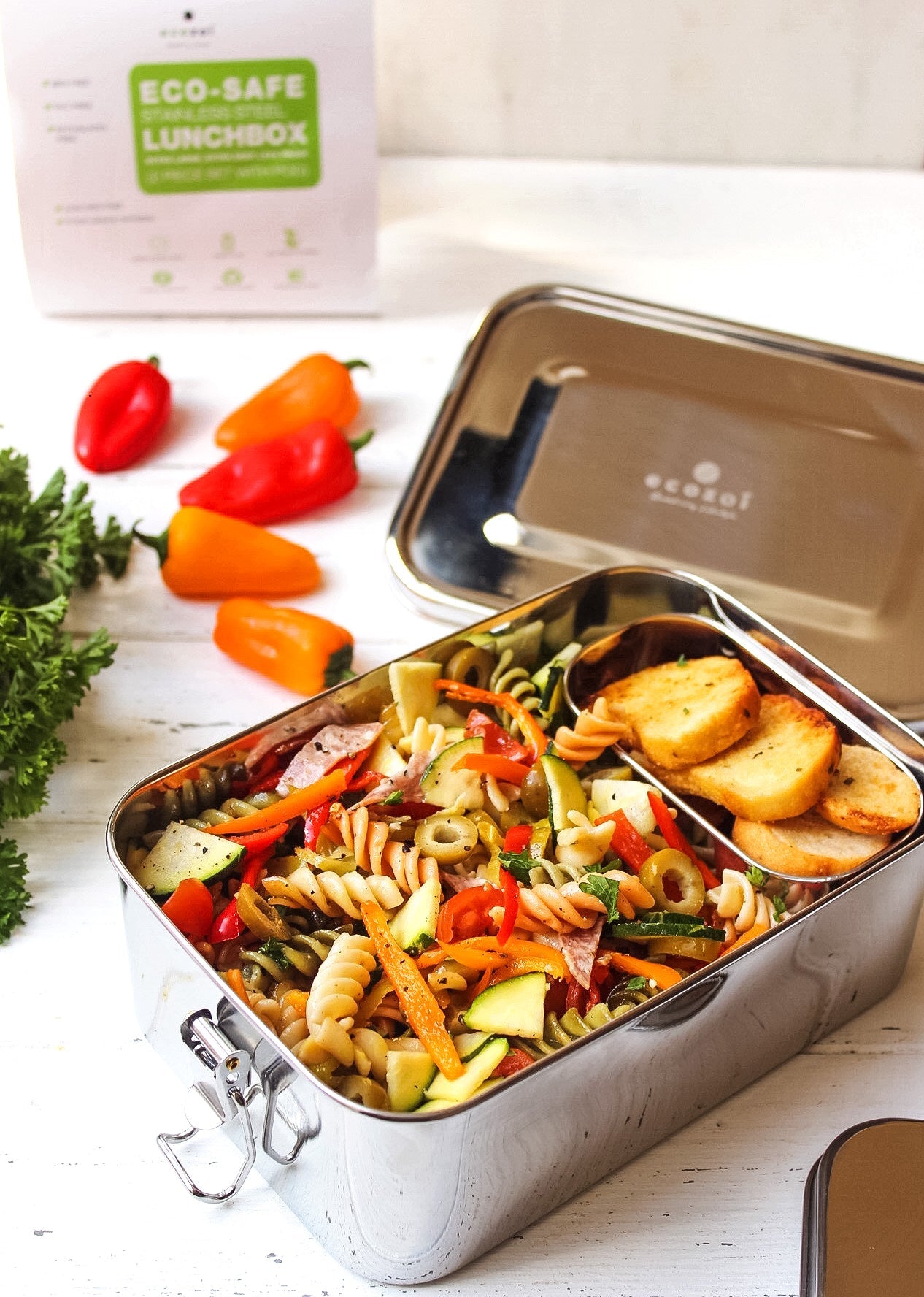 Stainless Steel Eco Lunch Box, Leak Proof, 1 Tier with 1 Mini Sauce Container, XL 70 Oz or 2100 ml freeshipping - ecozoi