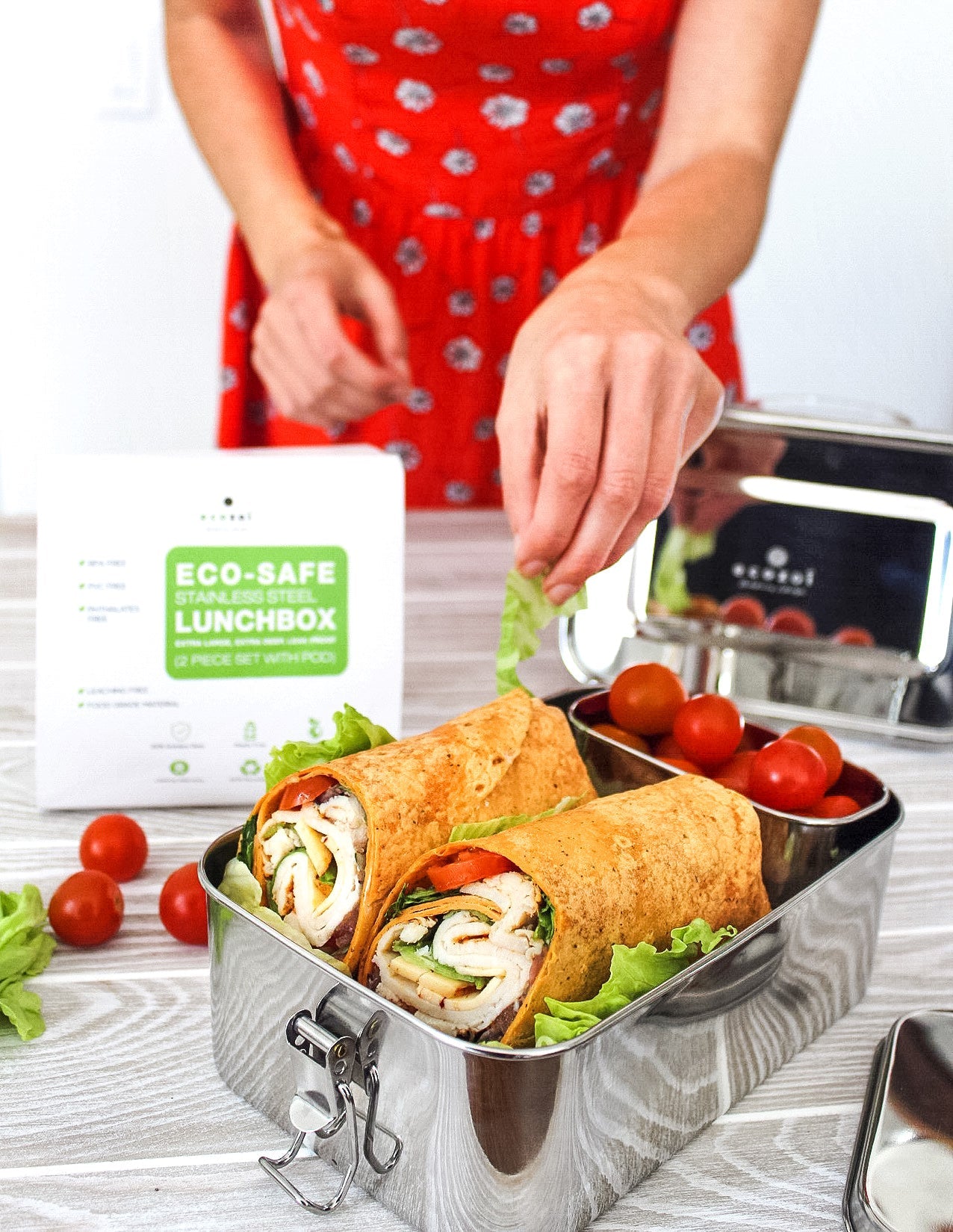 Stainless Steel Eco Lunch Box, Leak Proof, 1 Tier with 1 Mini Sauce Container, XL 70 Oz or 2100 ml freeshipping - ecozoi