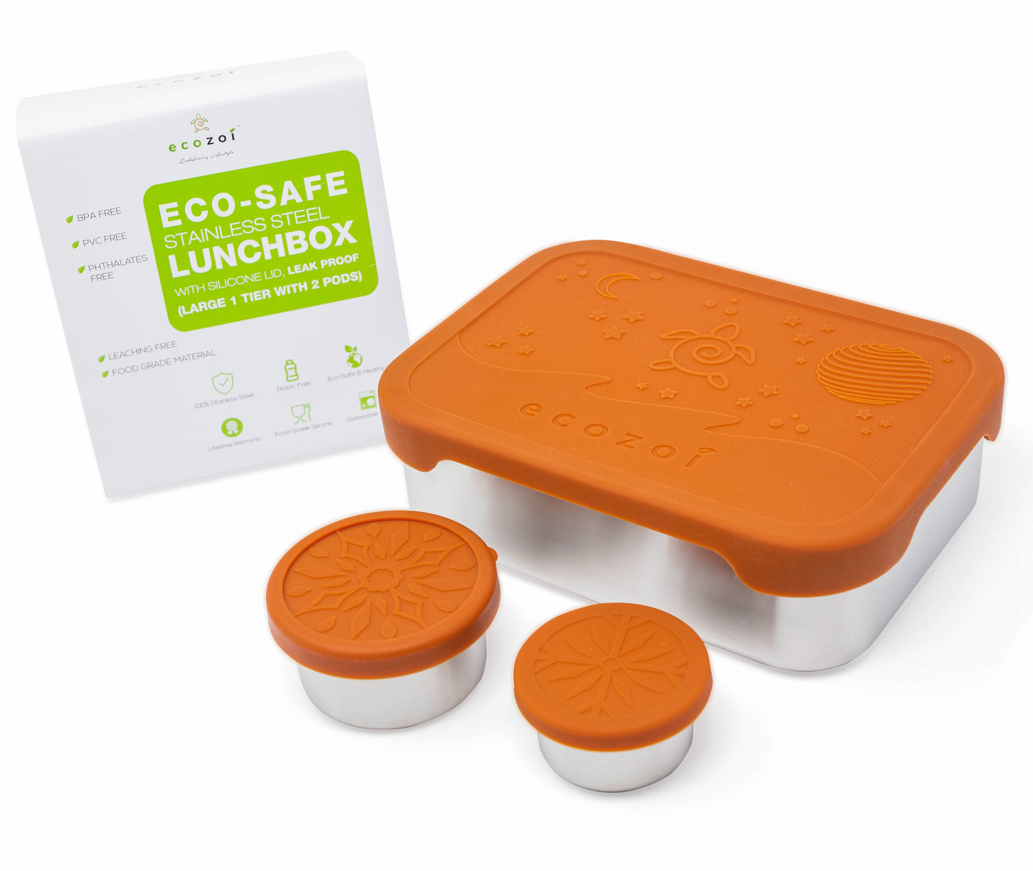 Stainless Steel Eco Lunch Box, 1 Tier with 2 Mini Sauce Containers, 40 Oz or 1200 ml freeshipping - ecozoi