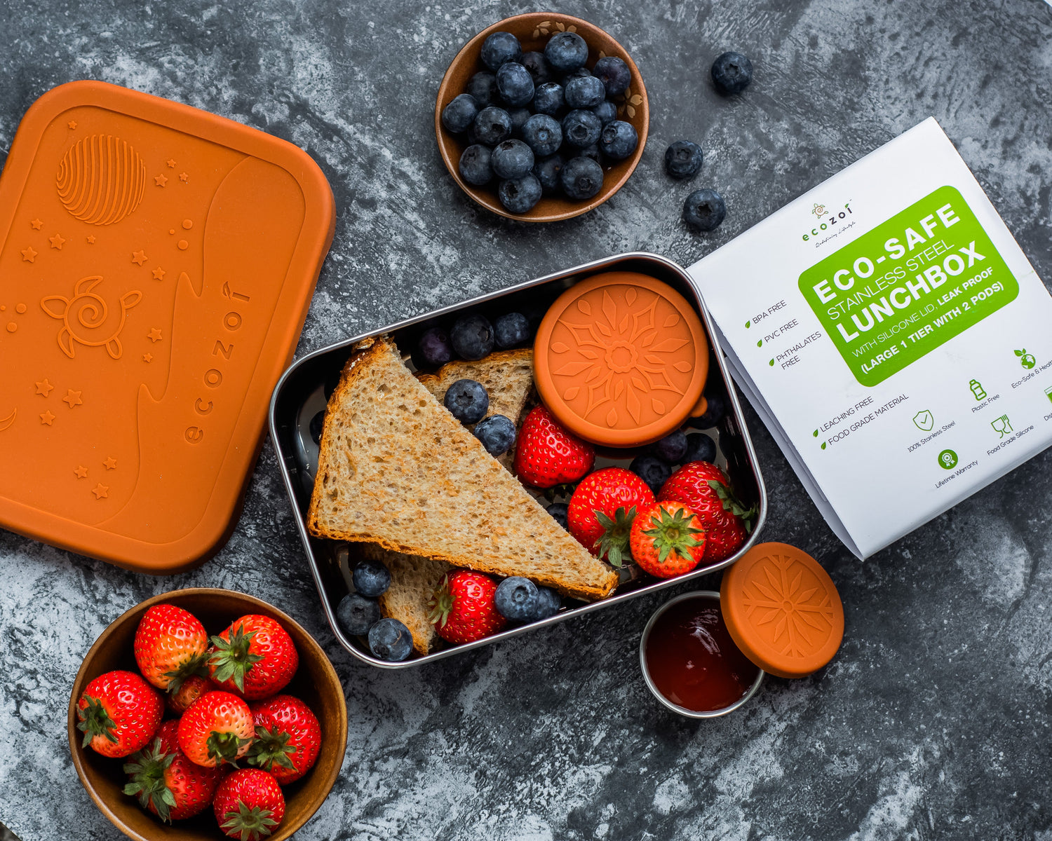 Stainless Steel Eco Lunch Box, 1 Tier with 2 Mini Sauce Containers, 40 Oz or 1200 ml freeshipping - ecozoi
