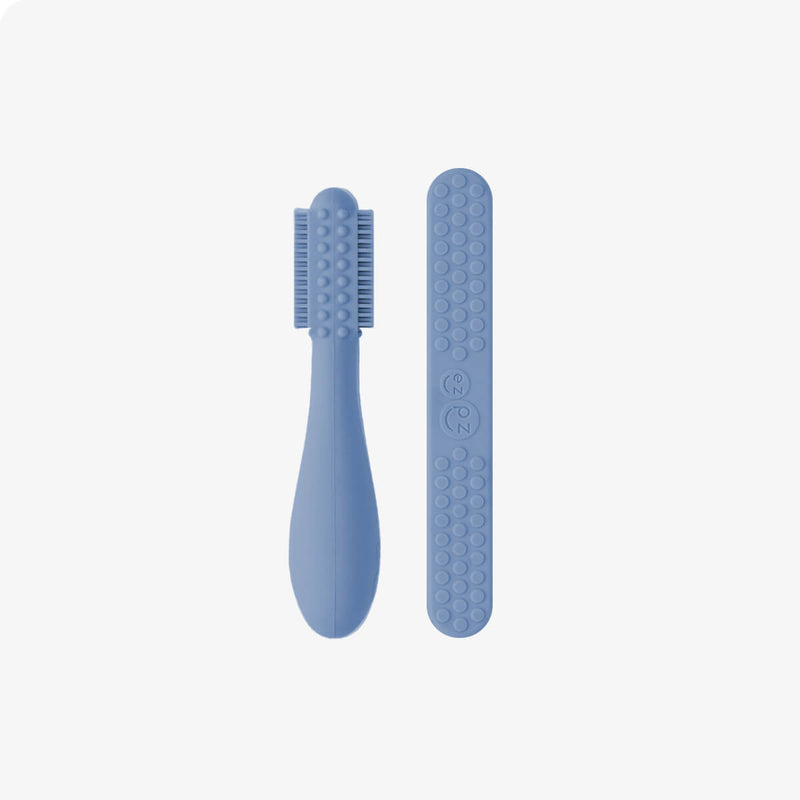 ezpz baby led toothbrush and sensory tongue depressor in indigo blue #color_indigo