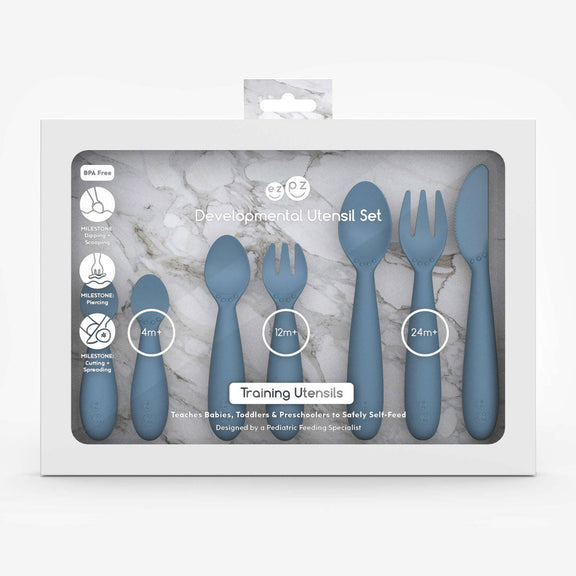 Indigo Developmental Utensil Set – Smart Baby Self-Feeding Tools by ezpz 