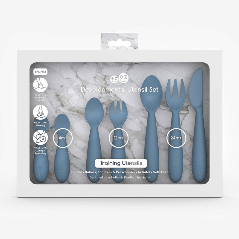 Indigo Developmental Utensil Set – Smart Baby Self-Feeding Tools by ezpz 