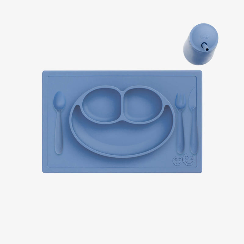 ezpz Happy Feeding Set in Indigo / Silicone, Self-Suctioning Plate, Silicone Cup and Straw, Training Utensils for Toddlers #color_indigo