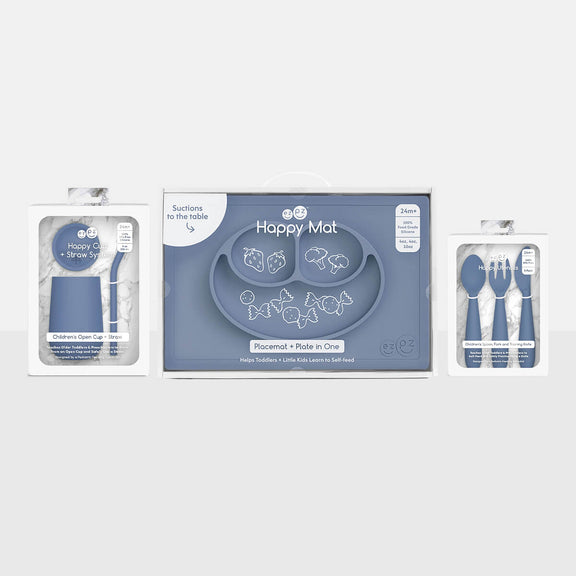 ezpz Happy Feeding Set in Indigo / Silicone, Self-Suctioning Plate, Silicone Cup and Straw, Training Utensils for Toddlers #color_indigo