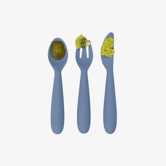 Happy Utensils in Indigo by ezpz / Silicone Spoon, Fork and Knife Set for Kids #color_indigo