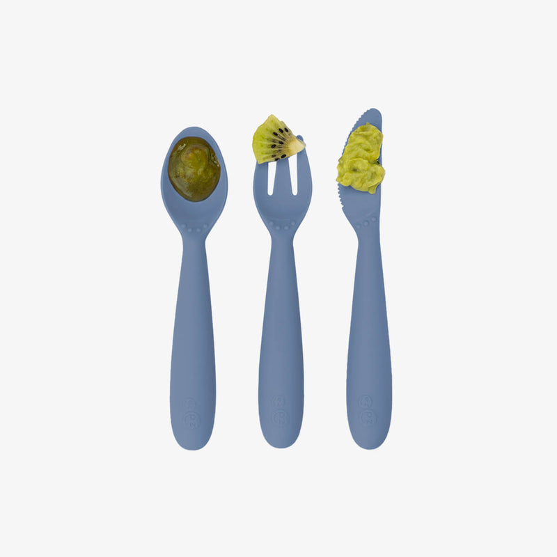 Happy Utensils in Indigo by ezpz / Silicone Spoon, Fork and Knife Set for Kids #color_indigo
