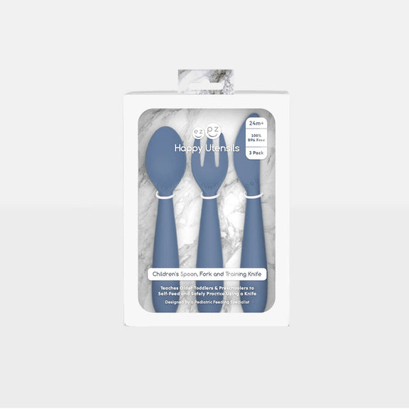 Happy Utensils in Indigo by ezpz / Silicone Spoon, Fork and Knife Set for Kids #color_indigo