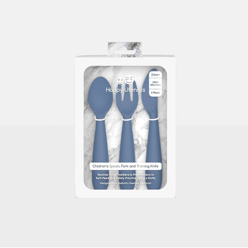 Happy Utensils in Indigo by ezpz / Silicone Spoon, Fork and Knife Set for Kids #color_indigo