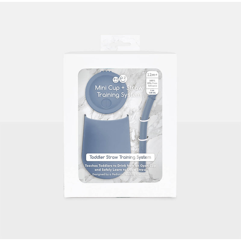 The Mini Cup + Straw in Indigo by ezpz / Silicone Drinking Cup and Straw Training System for Toddlers #color_indigo
