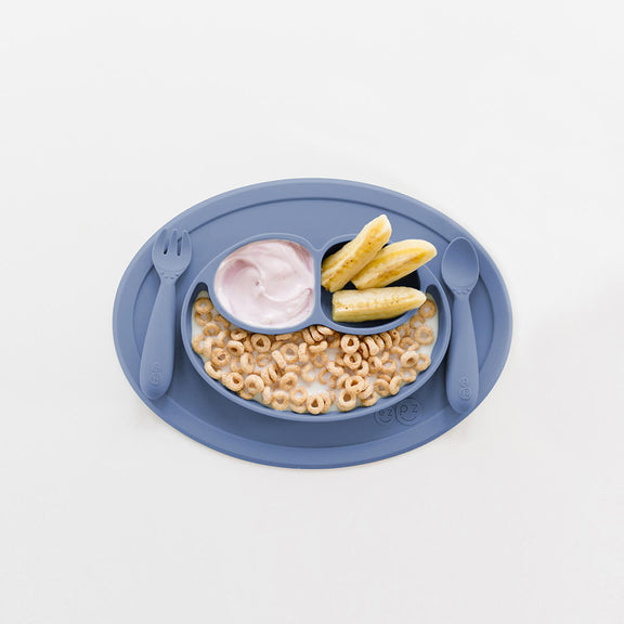 Mini Feeding Set in Indigo by ezpz / Silicone Plate, Fork & Spoon for Toddlers #color_indigo
