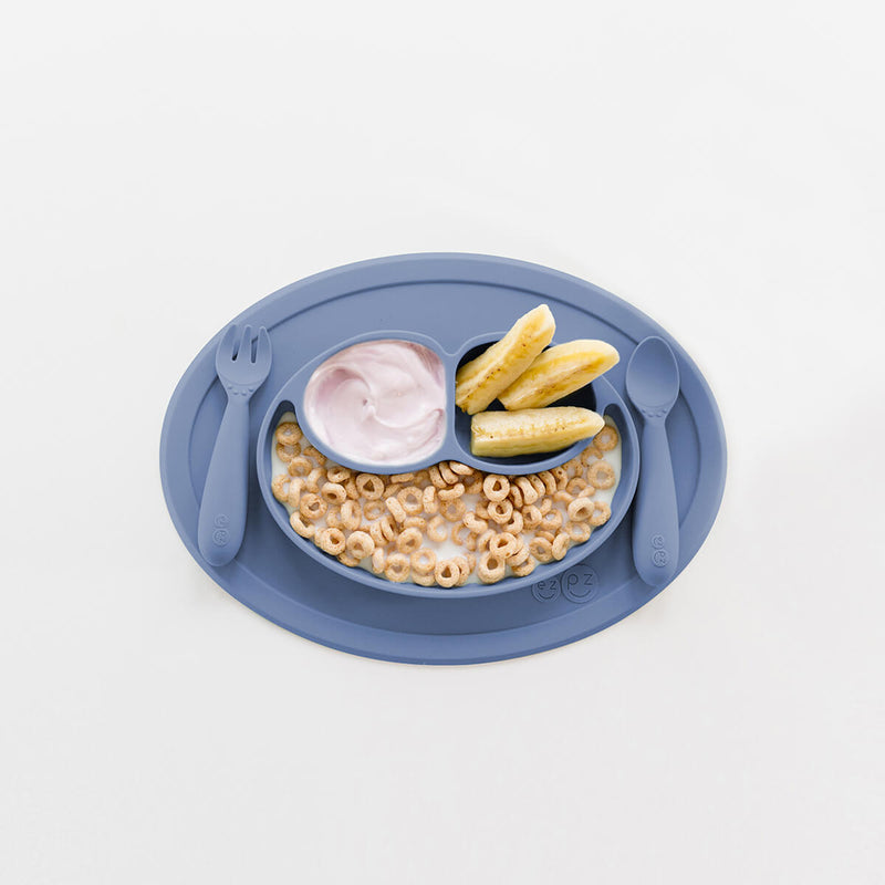 Mini Feeding Set in Indigo by ezpz / Silicone Plate, Fork & Spoon for Toddlers #color_indigo
