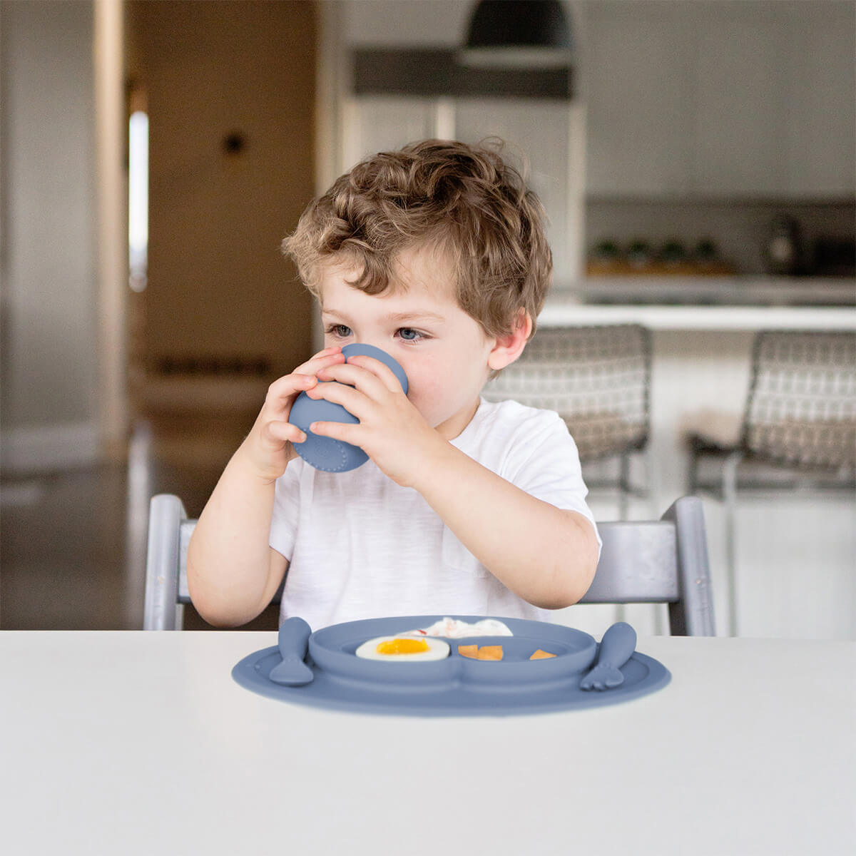 Mini Feeding Set in Indigo by ezpz / Silicone Plate, Fork & Spoon for Toddlers #color_indigo