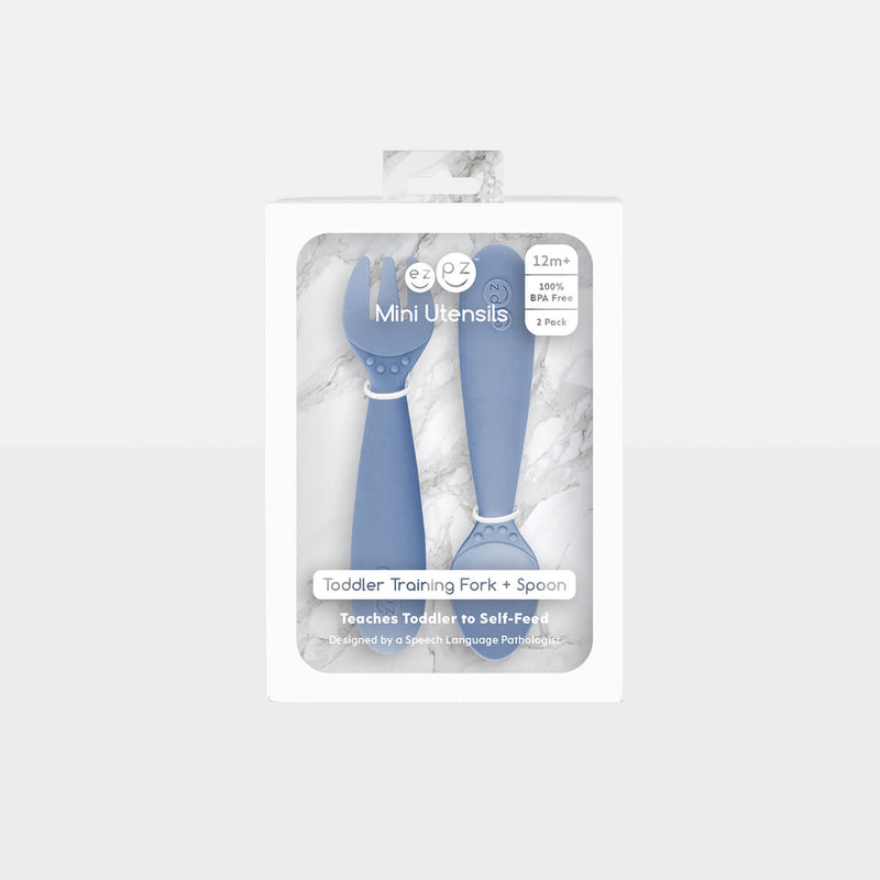 Mini Utensils in Indigo by ezpz / Sensory Silicone Fork & Spoon for Toddlers #color_indigo