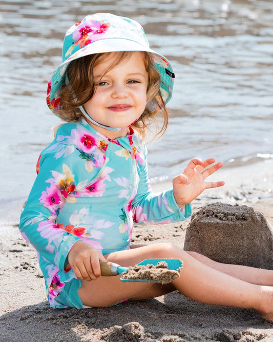 Kids Rashguard Swimsuit – Turquoise Floral UPF 50+ by Deux par Deux